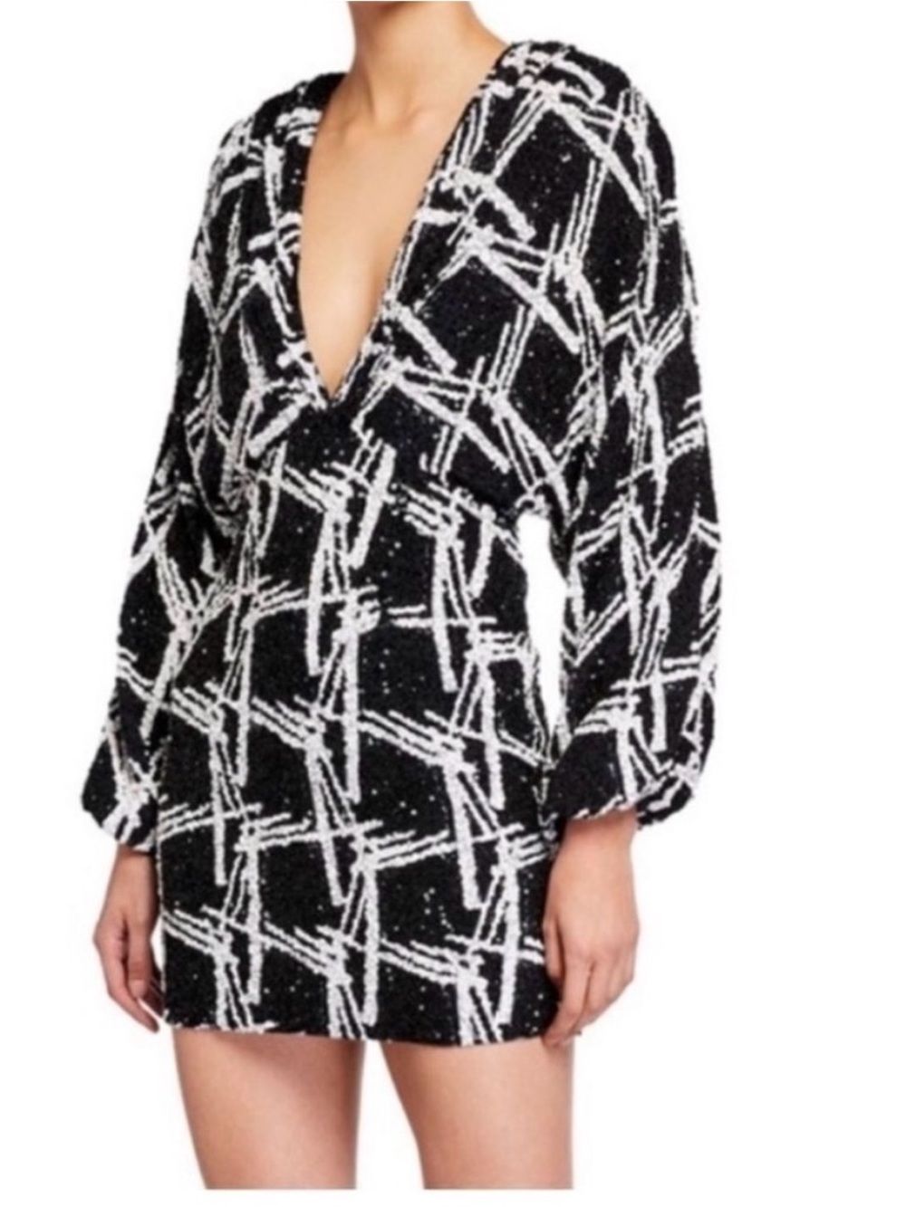 Retrofete Deep V-Neck Black & White Patterned Long Sleeve Mini Dress